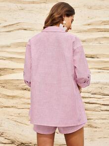 Boho Mama Pink And Blue Autumn Outfits,Maternity Cotton Set,Boho Heart Embroidery Long Sleeve Shirt,Tube Top Adjustable Shorts,Beach Holiday Resort Style - Pink - View 2