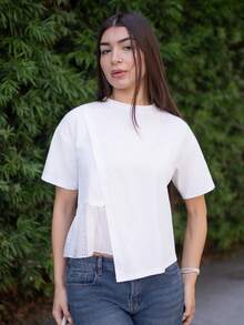 Andrea Bello 女式短袖圆领不对称下摆T恤，荷叶边 - 白色 - 查看 1