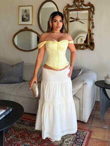 Maria Perezxox 新款露肩荷叶边前系腰上衣 - 黃色 - 查看 5