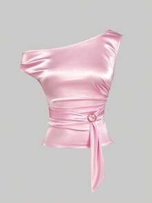 Olithes 女士夏季短袖衬衫，不对称领口，左肩褶皱设计，前腰系带配金属扣，收腰效果，百搭T恤版型，缎面质感面料，侧拉链，风格百搭，优雅商务休闲浪漫风 - 粉色 - 查看 4