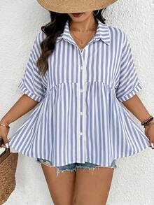 SHEIN Frenchy Áo kiểu nữ cỡ lớn, thiết kế mở phía trước, chất liệu vải có họa tiết, thoải mái, tay ngắn, phù hợp cho mùa xuân/hè, áo nữ mùa xuân, áo nữ mùa hè, váy nữ thanh lịch. - Màu xanh lam - Xem 4