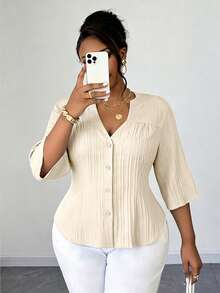 Plus Size Women's Solid Color Commuter Minimalist Notched Neck Half Sleeve Elegant Cardigan Casual Blouse, Spring/Autumn - Apricot - View 1