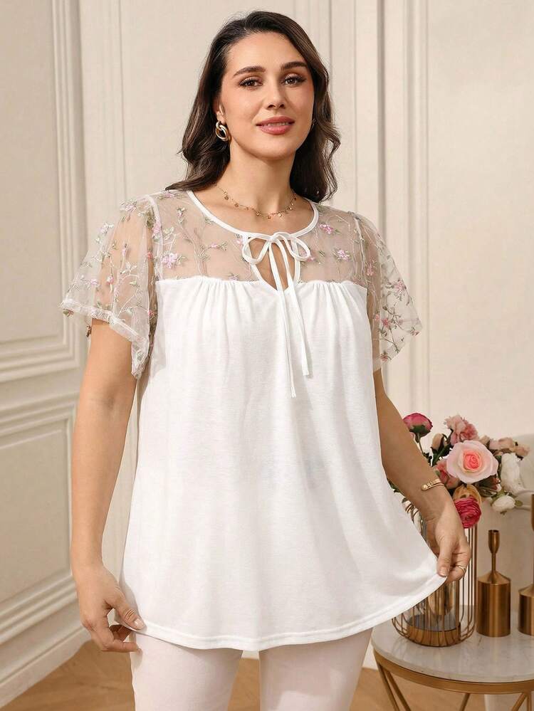 Plus Size Women Summer Casual Vacation Floral Embroidery Mesh Splice Open Knot Collar Loose Blouse