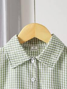 SHEIN Elladie kids 两件套女童格子领休闲衬衫上衣搭配直筒裤套装，适合日常休闲、户外活动和上学穿着。 - 綠色 - 查看 4
