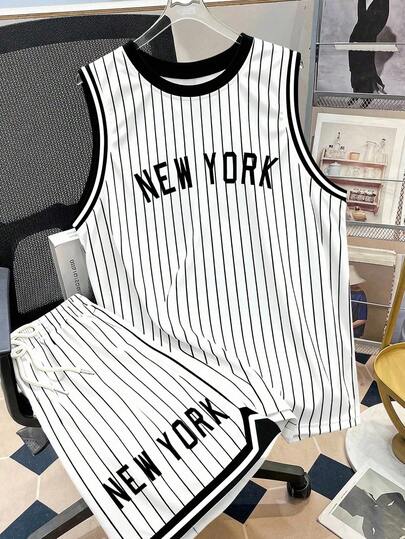 Aesthetic Post Men's Summer 2 Piece Set White Black Vertical Striped Sleeveless Tank Top Shorts Matching Outfit Letter Print Crew Neck Contrast Trim Elastic Waist Drawstring Co-Ord Set Casual Relaxed Fit Streetwear Y2K Vintage Style Going Out Party Festival Concert Vacation Holiday Workout Gym Fitness Training Basketball Sports Set Breathable Lightweight Urban Hip Hop Fashion Cool Stylish Athletic Activewear Baseball Jersey Style Summer Essential Matching Set Old Money Aesthetic Resort Beach Leisure Wear