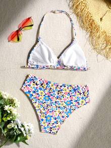 SHEIN Tween Girls Tankinis Random Ditsy Floral Printed Beachwear Set For SummerKIDS - Blue - View 2
