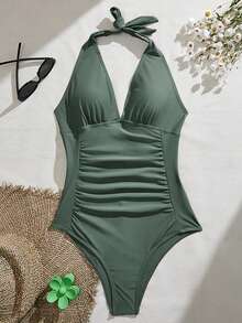 Swim Basics Summer Beach Ruched Halter One Piece Swimsuit - Army Green - View 6