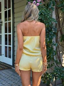 Aloruh Mono de punto texturizado amarillo sólido para mujer, nuevo para primavera/verano, con bandeau con cuentas, adecuado para vacaciones y citas - Amarillo claro - Ver 2