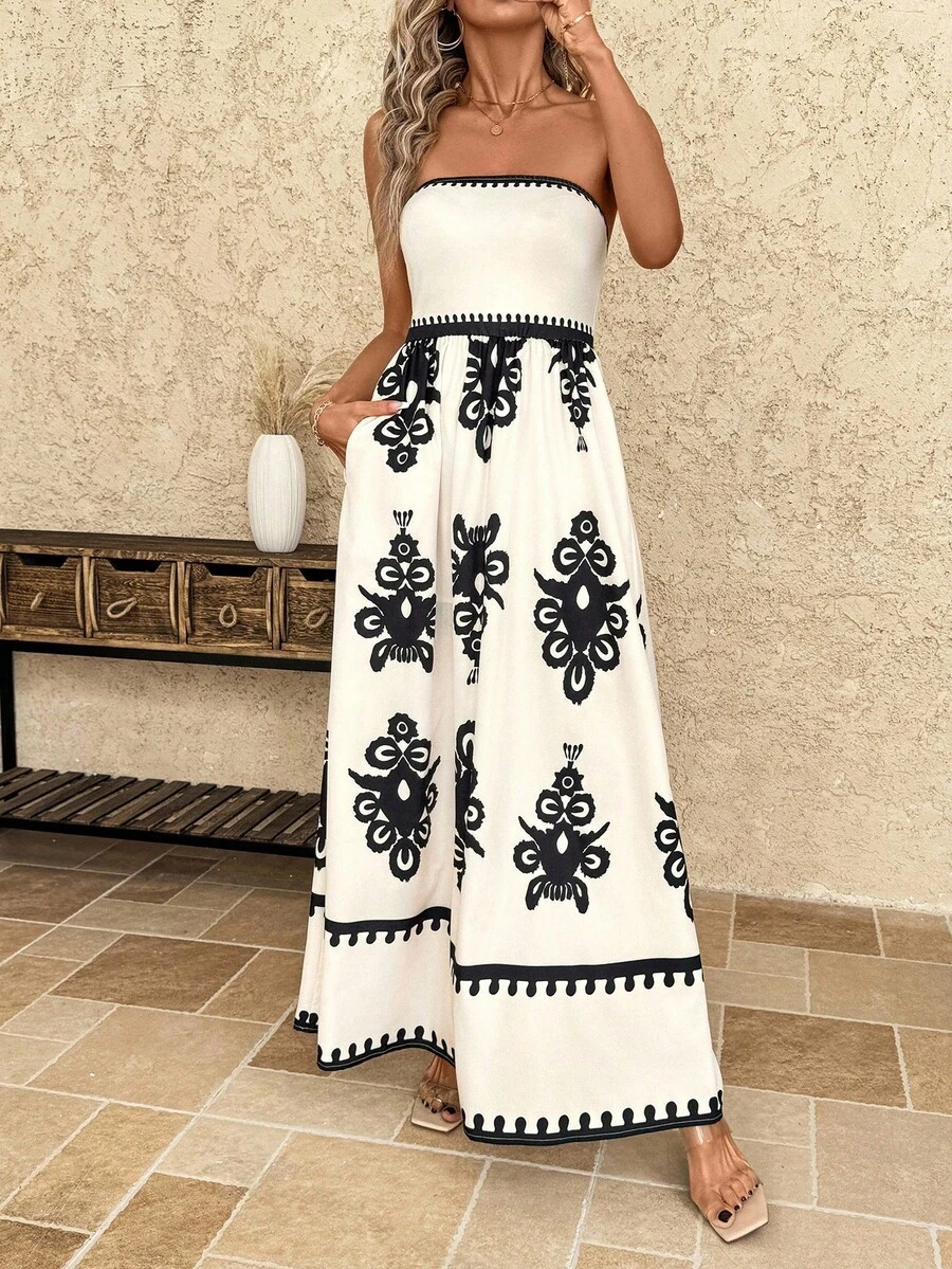 SHEIN Clasi 大码女式拼接褶皱休闲派对抹胸连衣裙 - 彩色 - 查看 1