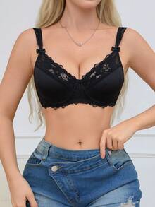 女士蝴蝶蕾丝法式优雅钢圈舒适文胸 - 黑色 - 查看 4