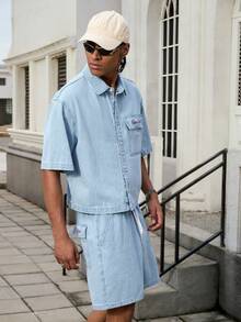 GALLERY FADE 男士街头时尚休闲条纹刺绣蓝色牛仔套装 - 淺色水洗藍 - 查看 6