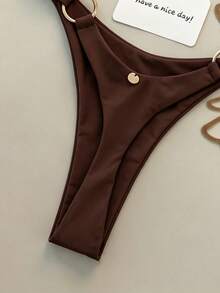 Swim Vcay Burgundy Metal Ring Halter Crop Top & Bottoms 2 Pieces Swimwear, Suitable For Beach Vacation In Spring/Summer - Coffee Brown - View 4