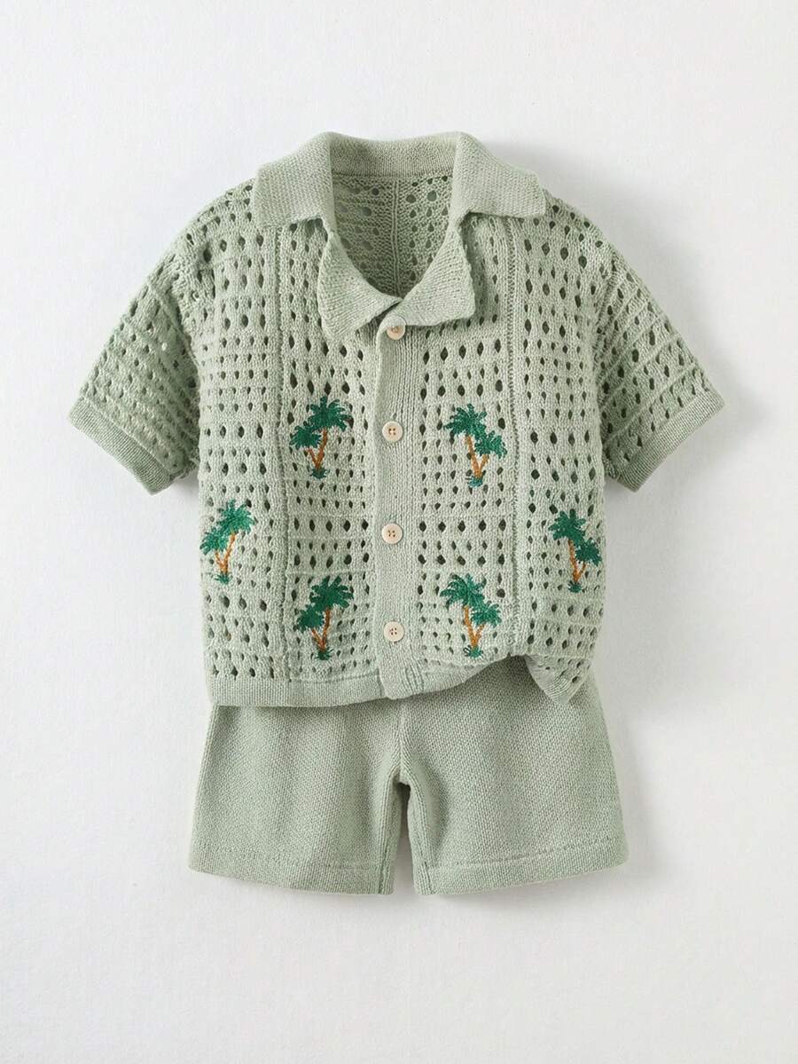 2pcs Young Boys Casual Vacation Palm Tree Crochet Texture Polo Collar Cardigan And Shorts Set, Comfortable And Versatile - Green - View 1