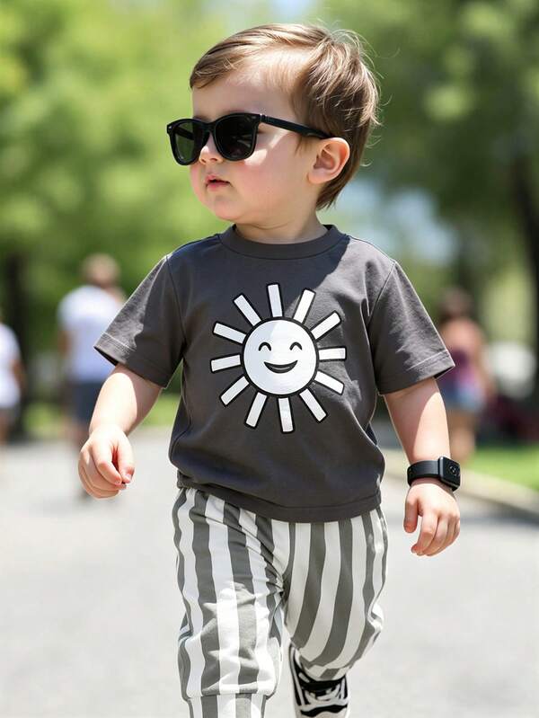 2pcs/Set Baby Boys' Summer Holiday Sunshine Print Round Neck Short Sleeve T-Shirt And Elastic Waist Striped Pants Set, Infant Clothing, Baby Boy T-Shirt Set, Summer Outfit, Suitable For 6 Months To 3 Years Old, Beach Holiday Style, Casual Holiday Style