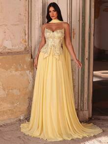 Glamrae Elegante, romántico, de moda y digno vestido de línea A con bustier de tela de gasa amarilla con parches de cuentas, adecuado para fiestas elegantes, bodas, despedidas de soltera y cenas formales - Amarillo - Ver 2