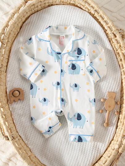 SHEIN 1pc Newborn Baby Boy Long Sleeve Snap-Up Romper With Pants, Knitted Fabric, Cute Bear Digital Print Pattern