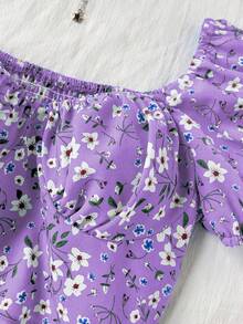Sweetra Bộ 2 món: Áo tay cánh hoa nhí và chân váy ngắn. - Màu tím hoa cà - Xem 5