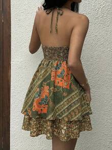 SHEIN Tall Women's Olive Green Summer Boho Jamican Beach Vacation Holiday Paisley Print Bustier Halter Tie Bow Mini Dress,Retro Multi-Color Ruched Tiered Hem - Multicolor - View 2