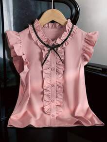 Elladie kids 少女春夏休闲优雅通勤甜美圆领无袖荷叶边复古风衬衫，纯色衬衫 - 粉色 - 查看 7
