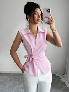 GlowEve Kemeja Tanpa Lengan Bergaris Model Ikat Pinggang untuk Wanita, Cocok untuk Musim Panas Kasual/Kerja - Berwarna merah muda - View 2