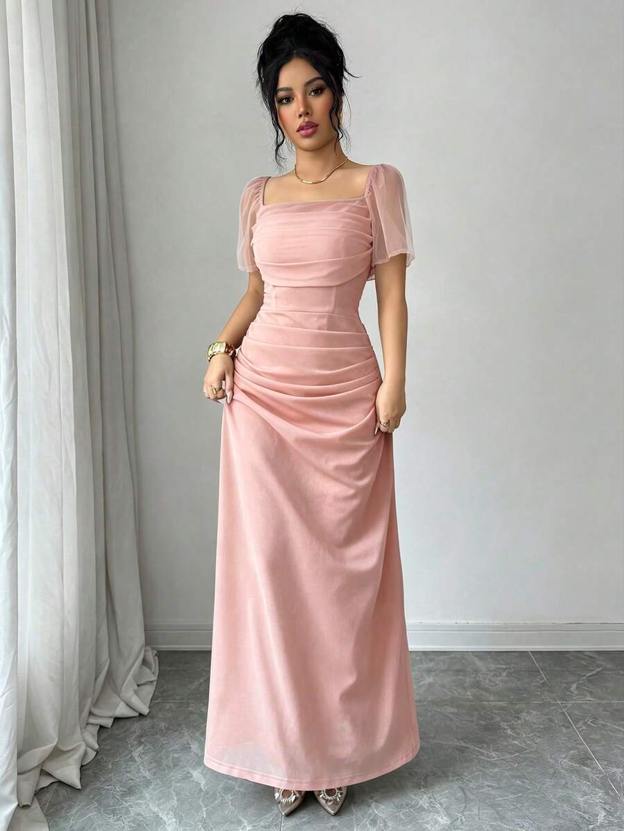 SHEIN Elenzya 方领收腰优雅浪漫精致女式连衣裙,短袖 - 珊瑚粉 - 查看 1