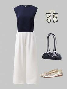 SHEIN Teen Girls 2pcs/Set Elegant Lady Formal Occasion Sleeveless Top And Wide-Leg Pants Set, Summer, Outfit - White - View 3