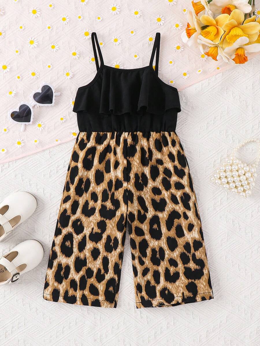 SHEIN Bộ áo liền quần không tay in hoa dễ thương cho bé gái, thích hợp cho mùa hè. - màu đen - Xem 1