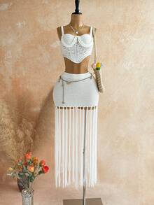 Soleia 女士不对称下摆吊带针织上衣和流苏下摆针织迷你裙两件套，度假装 - 杏色 - 查看 4