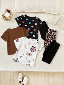 6pcs/Set Baby Girls' Casual Cute Floral,Leopard Bow & Letter Print Short Sleeve T-Shirt & Matching Shorts,Summer Multicolor Vacation Outfits - Multicolor - View 2