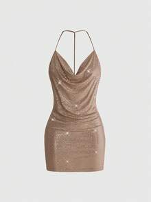 ROMWE Y2K Spring/Summer Women's Sexy Backless Spaghetti Strap Mini Dress With Shiny Sequin Fabric, Low-Cut Plunging Neckline - Khaki - View 7