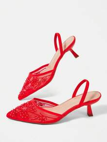 CUCCOO HITCHD Chaussures pour femmes quatre saisons avec broderie de perles, éléments en maille, bout pointu, talon fin, talon haut, élégantes, tempérament, mode, sexy, sandales à bride arrière, sandales à talon haut pour dames, talon exposé, élégantes, tempérament, mariage, après-midi, thé, fête, Saint-Valentin, demoiselles d'honneur, mariée, chaussures de mariage, port élégant - Rouge - Voir 6