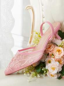 CUCCOO HITCHD 女款四季珍珠串珠刺繡網格元素尖頭細高跟鞋 氣質時尚性感 Slingback 綁帶穆勒鞋 露跟高跟涼鞋 婚禮下午茶派對情人節伴娘新娘婚鞋 優雅穿搭 - 粉色 - 查看 7