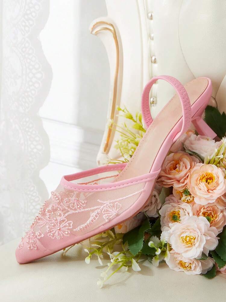 CUCCOO HITCHD Women Shoes Four Seasons Pearl Threading Embroidery Mesh Elements Pointed Head Thin Heel High Heel Elegant Temperament Fashion Sexy Slingback Strap Slippers Mesh Ladies High Heel Drag Sandals Exposed Heel Elegant Temperament Wedding Afternoon Tea Party Valentine's Day Bridesmaids Bridal Wedding Shoes Elegant Wear