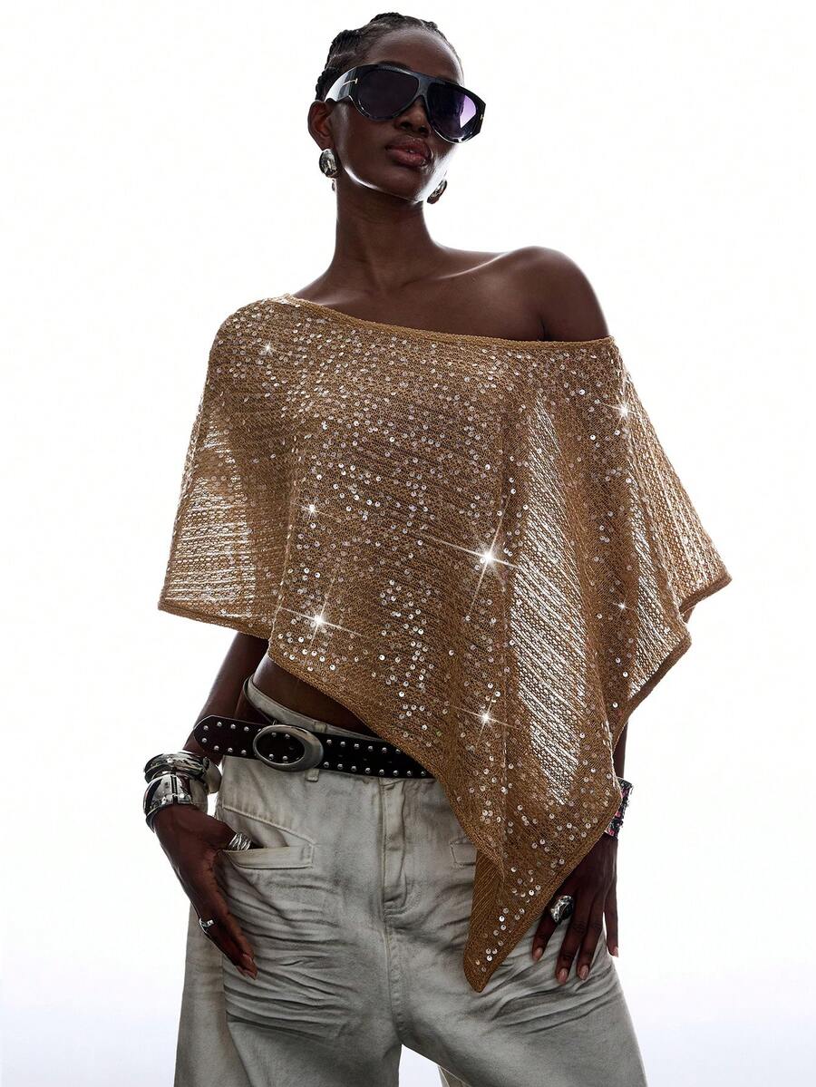 LYSMO Women's Sequin Detail Off-Shoulder Asymmetrical Hem Fashionable Cover Up Top, Stylish Hip-Hop Design Summer Beach Vacation - Gold - View 1