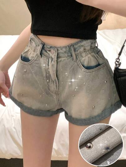 DAZY Quần short denim màu xanh bóng, kiểu dáng cổ điển, thích hợp cho lễ hội âm nhạc, ngày Valentine, phong cách thường ngày, dạo phố, hoạt động ngoài trời dành cho nữ, mùa xuân và hè.