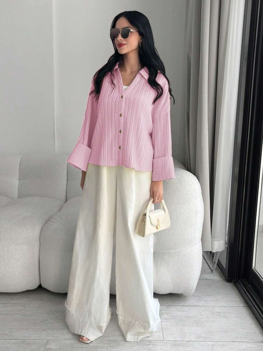 Solavon Women's Casual Versatile Solid Color Bell Sleeve Blouse - Pink - View 1