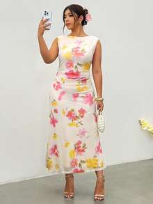 Firerie Plus Size Women's Elegant White Summer Floral Maxi Dress Wedding Guest Vacation Party Tea Graduation Fitted Sleeveless Mesh V-Neck Ruffle - Multicolor - View 5