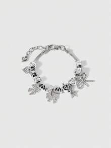 ROMWE Kawaii 1pc Luxury Elegant Brand Fashion Handmade Beaded Crystal Bow, Star & Music Symbol Adjustable Copper Bracelet For Women, Suitable As Gift For Ladies, Bars, Nightclubs, Traveling, Parties, Casual Everyday Wear - Silver - View 1