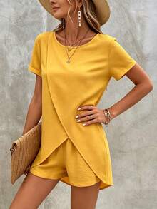 EMERY ROSE Women's Vacation Casual Solid Color Wrap Top And Shorts 2 Pieces Set - Yellow - View 4