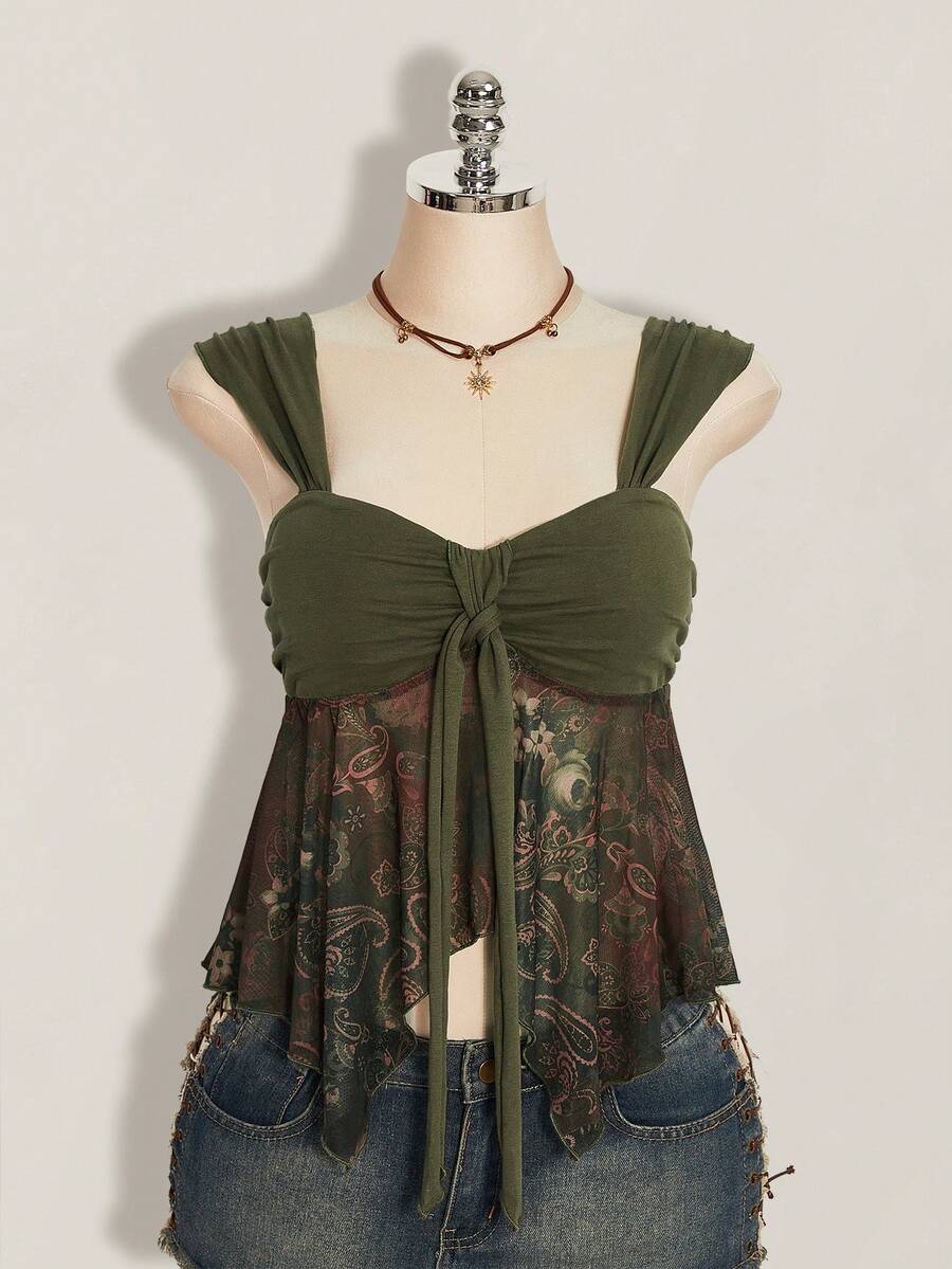 SHEIN ICON 女士度假风拼接腰果印花系带吊带背心