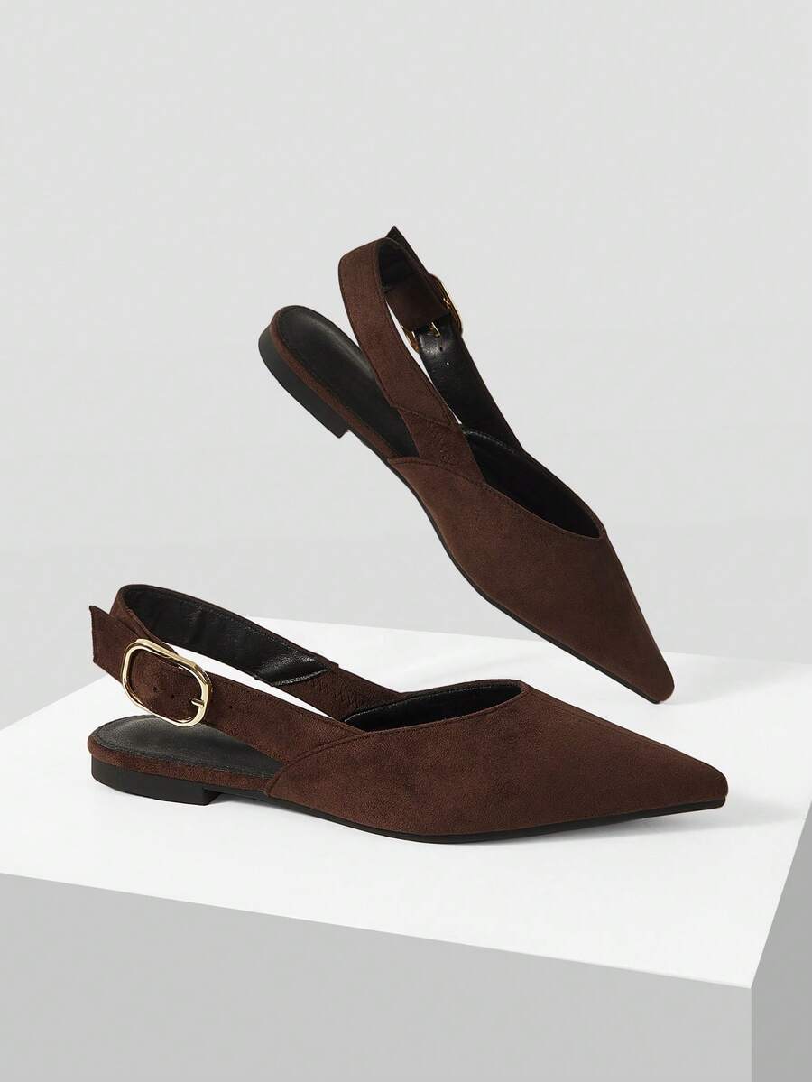 Mnmlis Glossy Black Pointed Toe Backless Shoes, Gold Buckle Decor Low Heel Commuter Sandals Summer Shoes - Brown - View 1