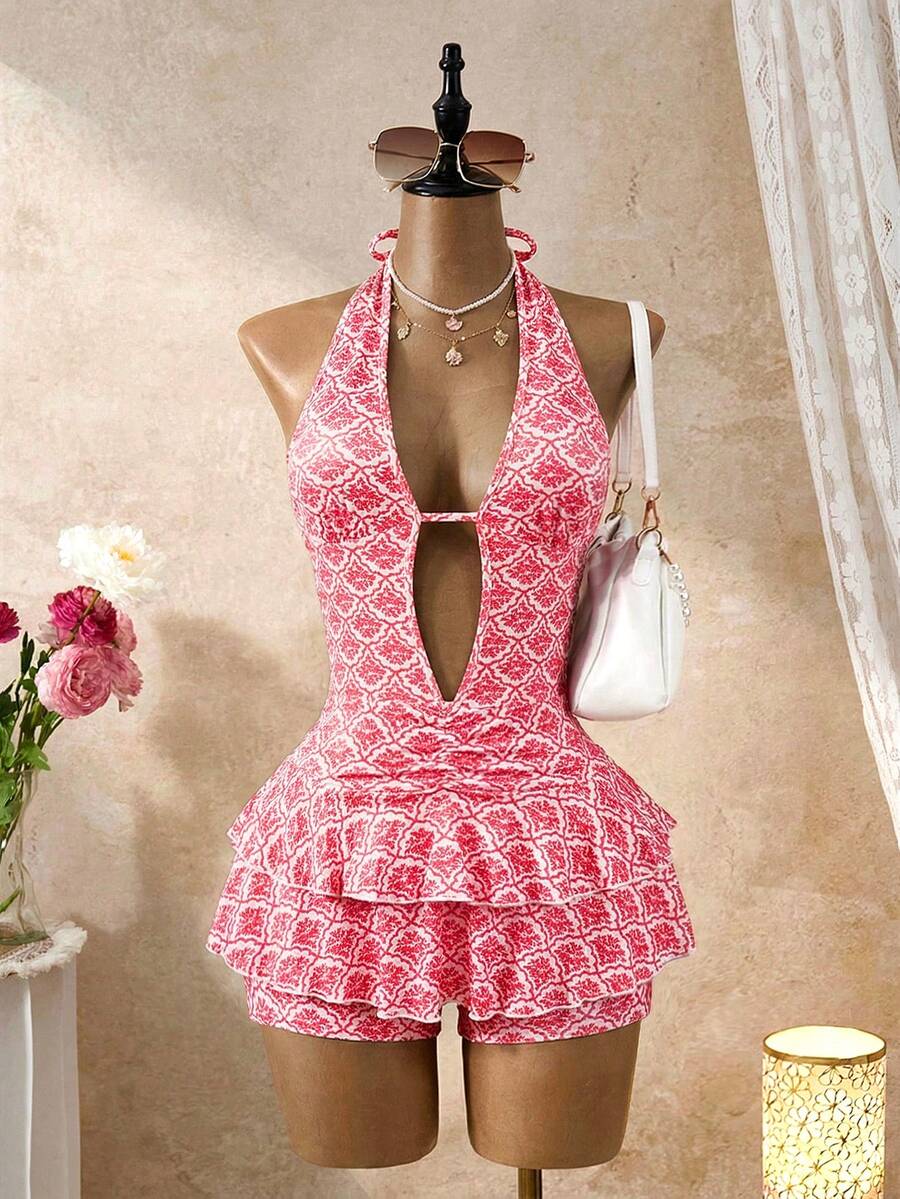 Everyssa 女士全身印花镂空性感时尚荷叶边吊带紧身连体裤，露背针织连体裤，夏季度假 - 粉色 - 查看 1