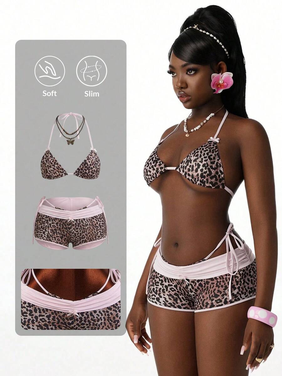 2pcs Women's Bra And Shorts Set, Reversible Waistband, Contrast Color Leopard Print, Sexy & Fashionable, Suitable For Vacation Cheetah Print Two Piece Swimsuit Animal Print Bikini