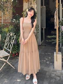 DAZY 拼接無肩帶傘裙收腰優雅夏季女款陽光裙 度假穿搭 女生校園穿搭 - 杏色 - 查看 5