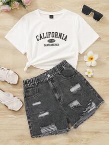 SHEIN Teen Girls Back To School Summer Casual Streetwear Graphic White T-Shirt Shorts /Set Distressed Back-To-School Birthday - Black - View 7