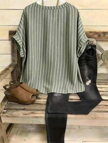 Linhara Blusa holgada de mujer de talla grande con cuello vuelto, estampado de rayas verdes, silueta en H, nueva llegada de primavera/verano, blusa casual de negocios, blusas casuales modernas para mujer, últimas llegadas, los mejores vendedores - Verde - Ver 2