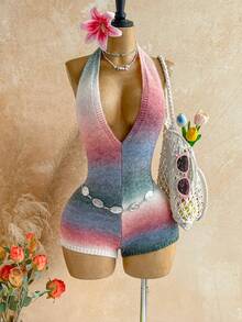 Soleia Women's Ombre Deep V-Neck Sexy Halter Knit Romper - Multicolor - View 6