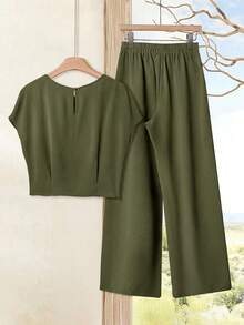 Rusticease Women's Casual Solid Color T-Shirt & Pants 2 Pieces Set,Vacation Outfits Women - Olive Green - View 2