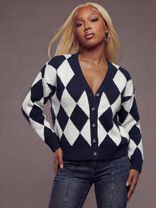 Modviera Autumn/Winter Rhombus Knit Cardigan For Women, Loose V-Neck Retro College Style Sweater Wide Pants Oversized Pants Women Streetwear Japanese Fashion Bell Bottoms  Front Button Fashionable Colorful Striped Cable Knit Cardigan - Blue and White - View 3