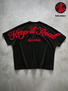 PAVTROS Brand 男士黑色夏季寬鬆街頭風城市度假 T-shirt，逼真鏈條刺繡，舒適日常，情人節禮物，1件 - 黑色 - 查看 5